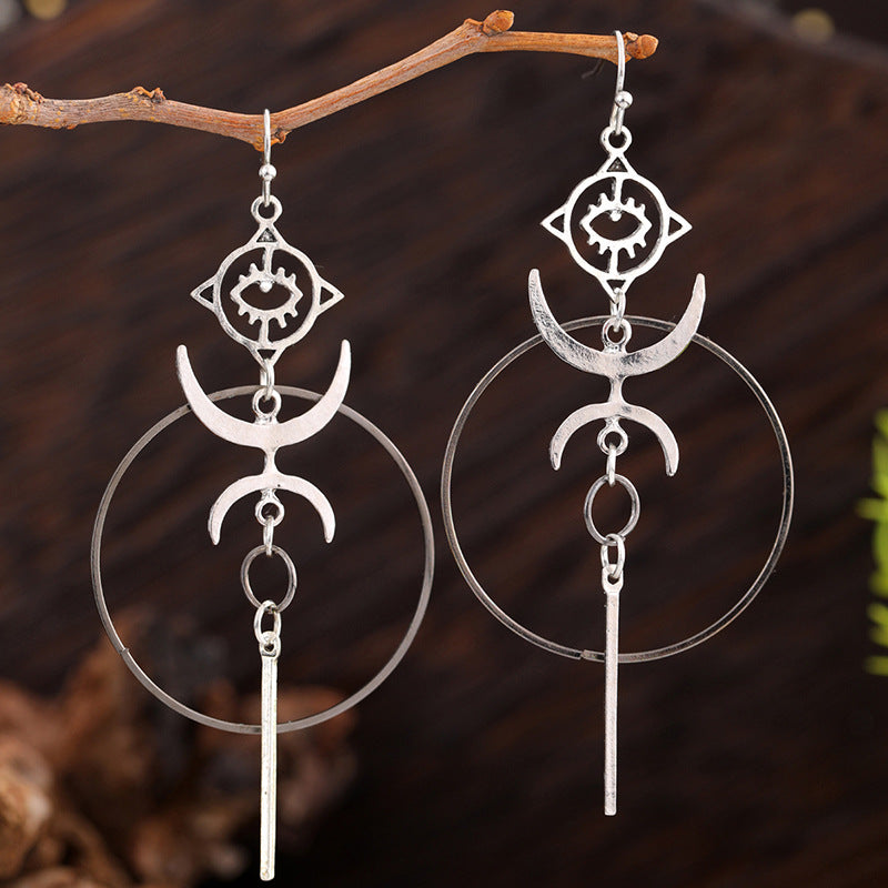 Wholesale Gothic Demon Eye Punk Accessories Antique Silver Moon Metal Long Earrings